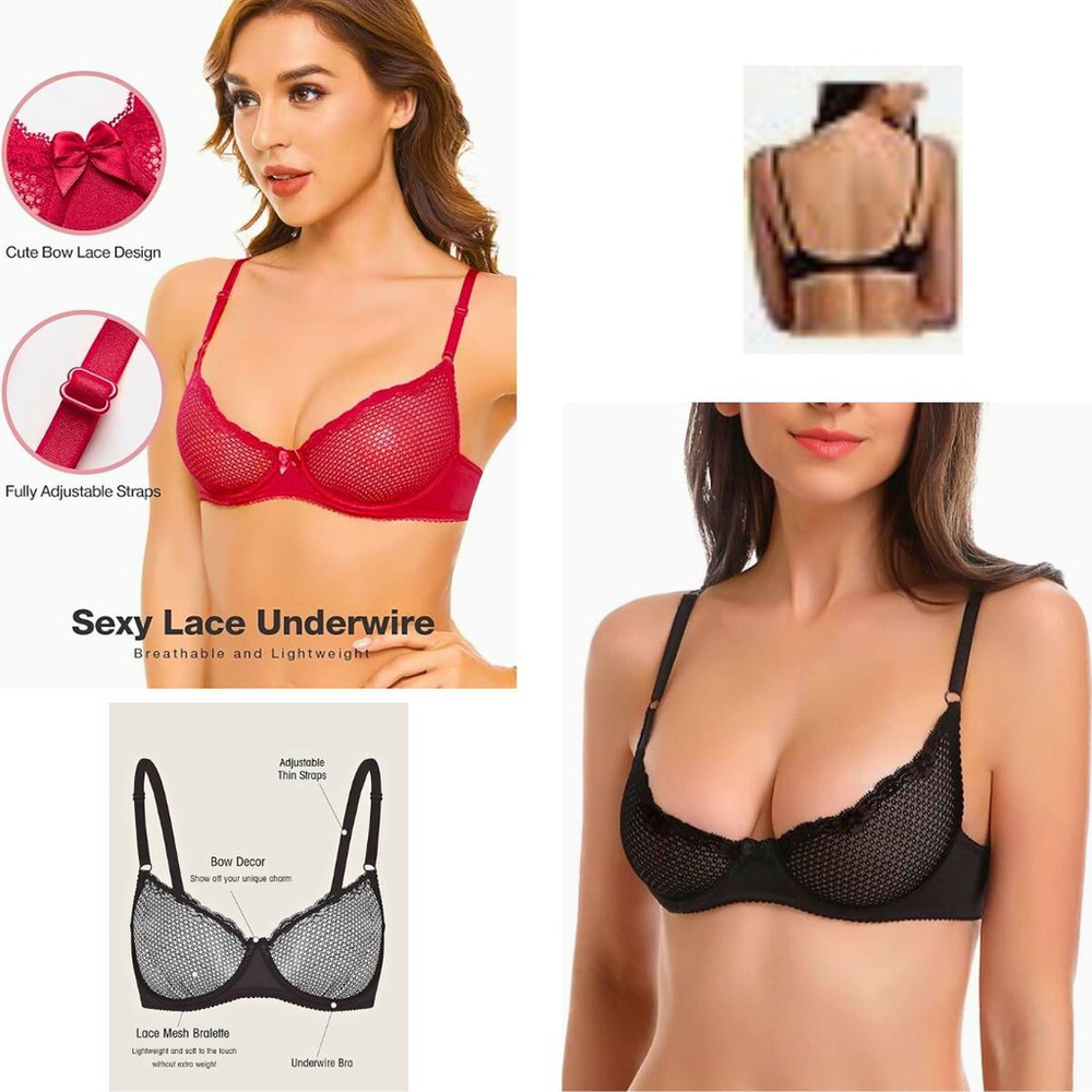2 Wingslove Sexy Mesh Lace See-Thru Balconette Underwired Demi Shelf 1/2 Cup Bra